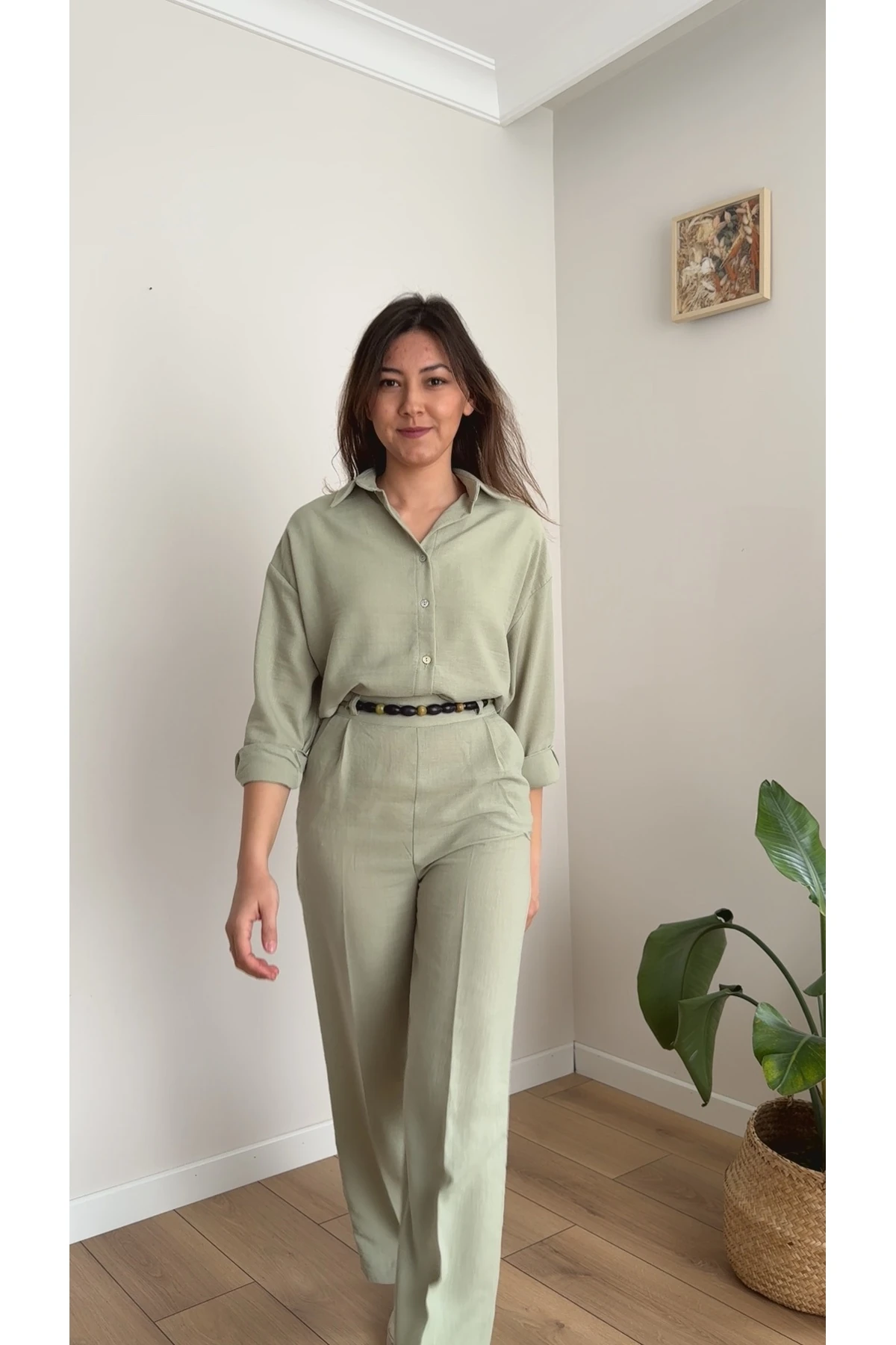 Keten Gömlek Pantolon Takım - Çağla Yeşili