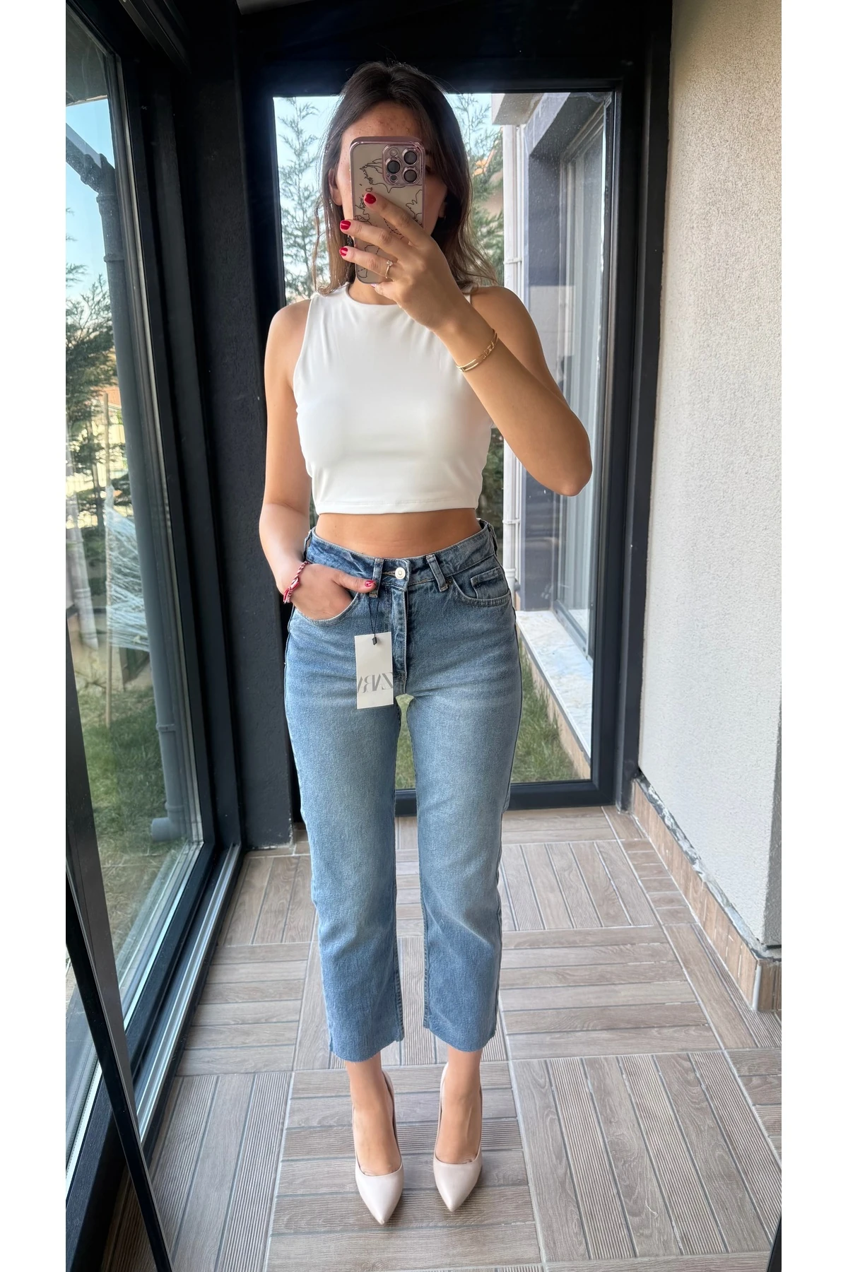 Yüksek Bel Kesik Paça Jean Pantolon - Açık Mavi