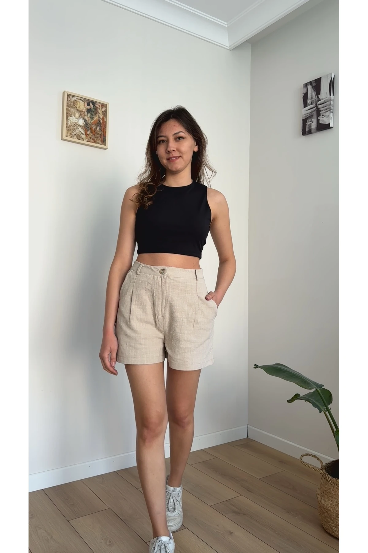 Keten Yelek & Şort Takım - Naturel Bej