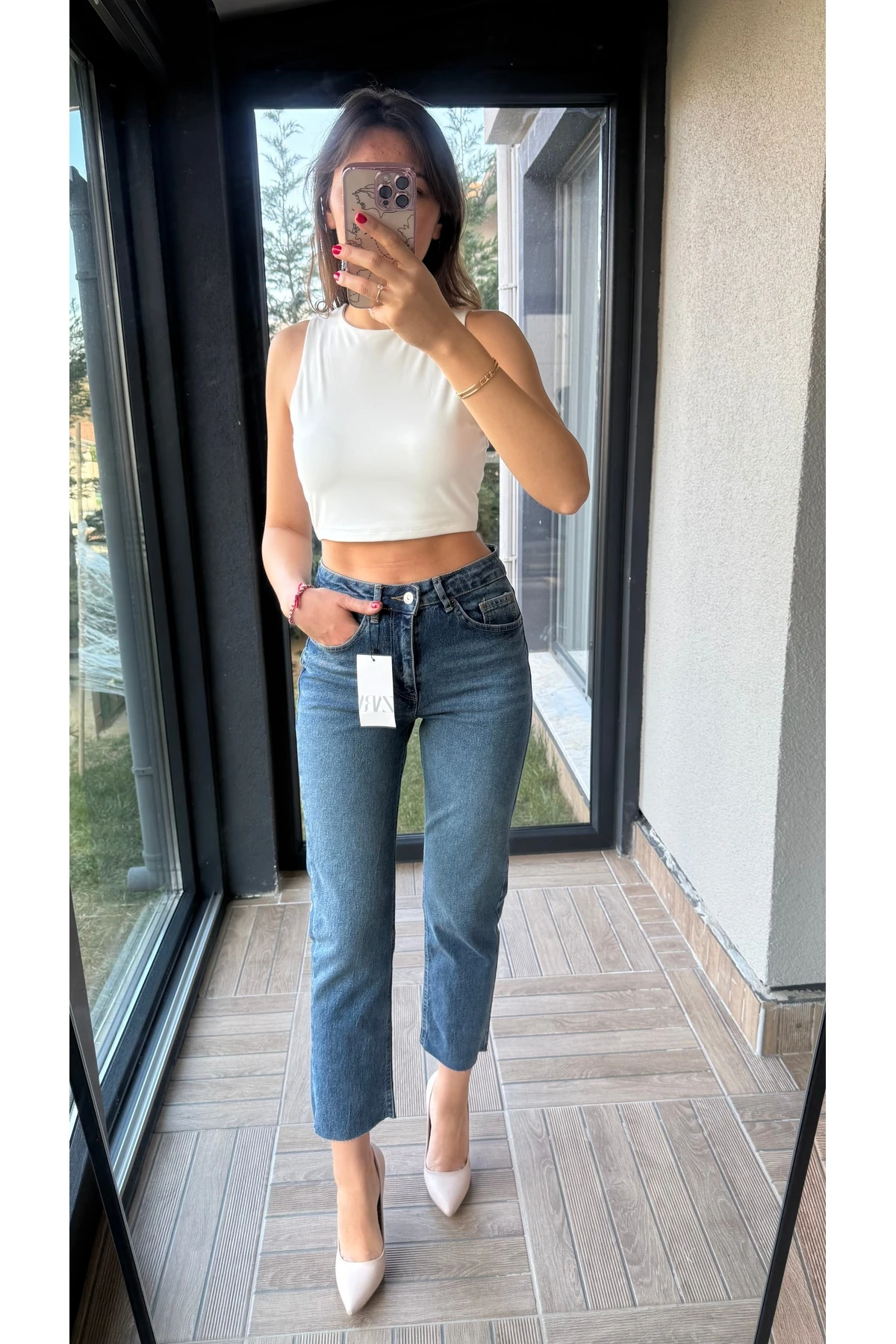 Yüksek Bel Kesik Paça Jean Pantolon - Koyu Mavi