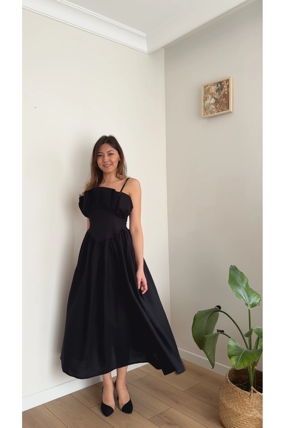 Prenses Keten Elbise - Siyah