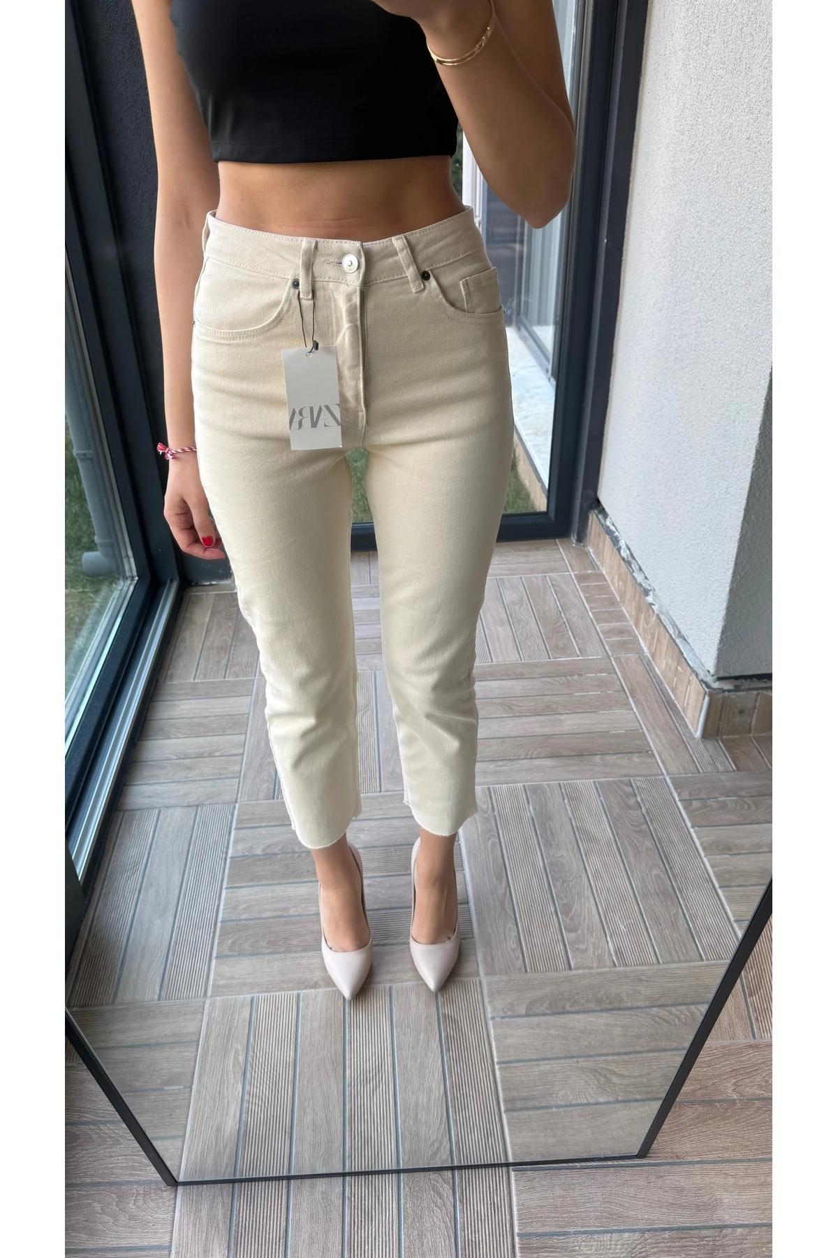 Yüksek Bel Kesik Paça Jean Pantolon - Ekru