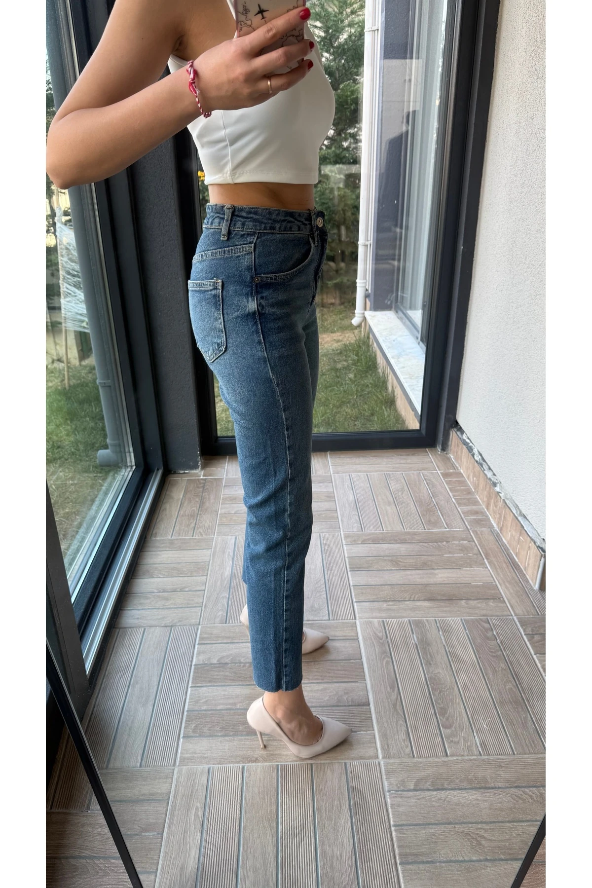 Yüksek Bel Kesik Paça Jean Pantolon - Koyu Mavi