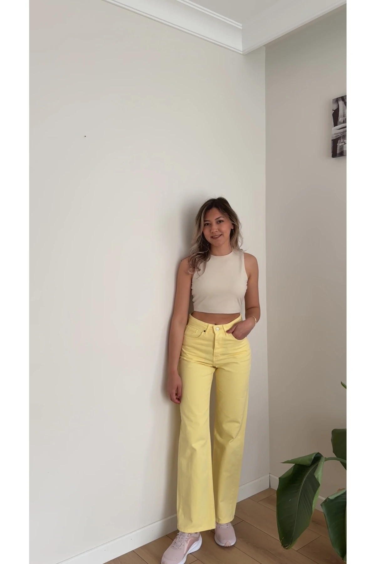 Yüksek Bel Düz Paça Jean Pantolon - Sarı