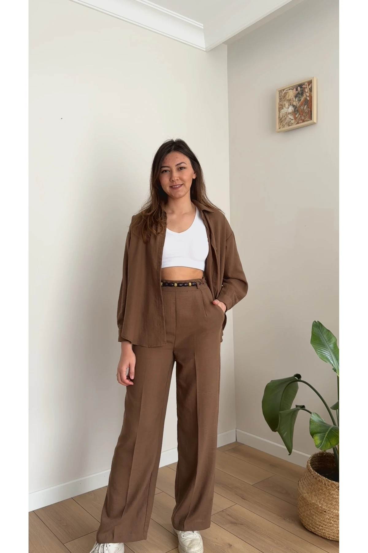 Keten Gömlek Pantolon Takım - Kahverengi