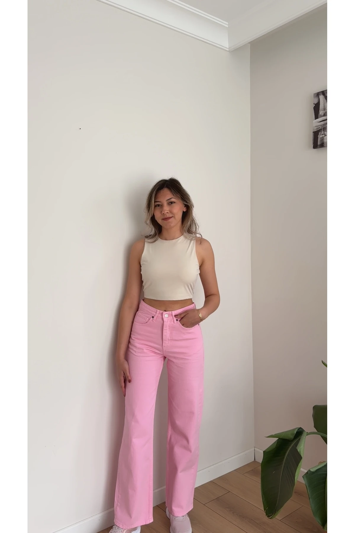 Yüksek Bel Düz Paça Jean Pantolon - Pembe