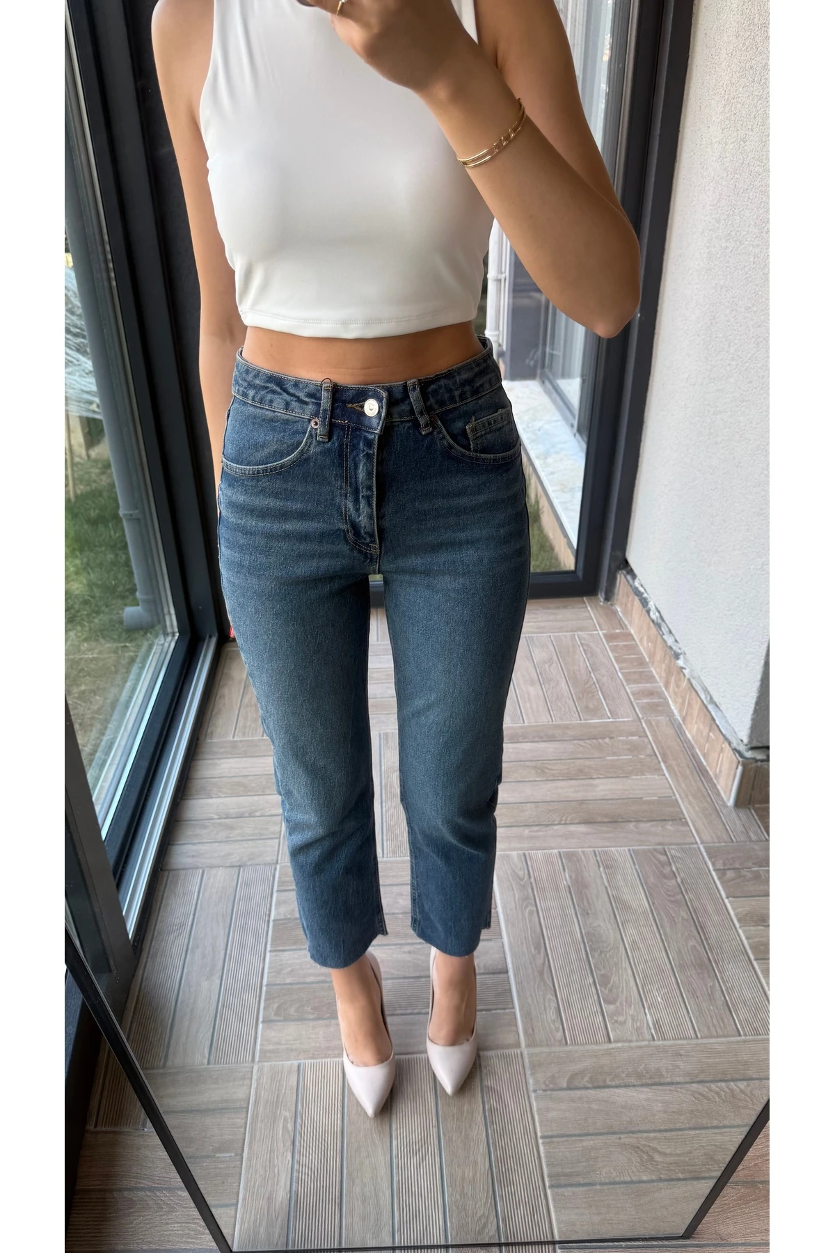 Yüksek Bel Kesik Paça Jean Pantolon - Koyu Mavi