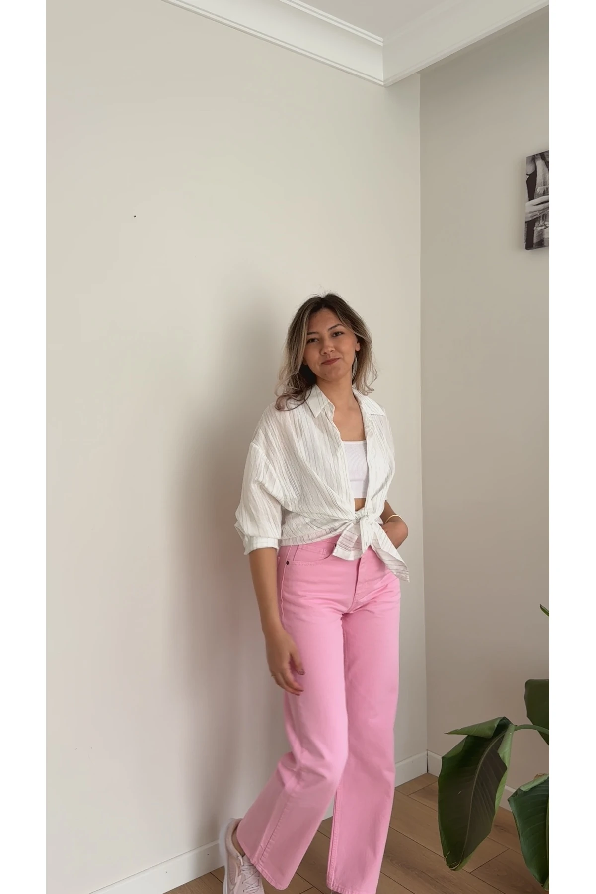 Yüksek Bel Düz Paça Jean Pantolon - Pembe