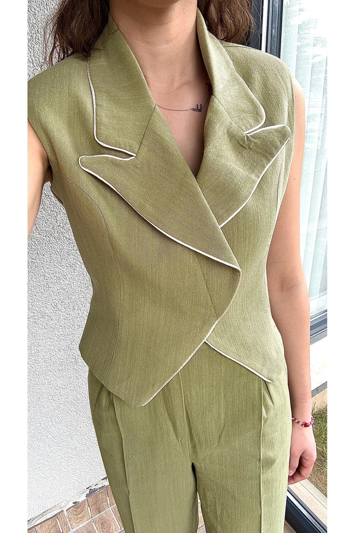 Biyeli Keten Yelekli Takım - Haki