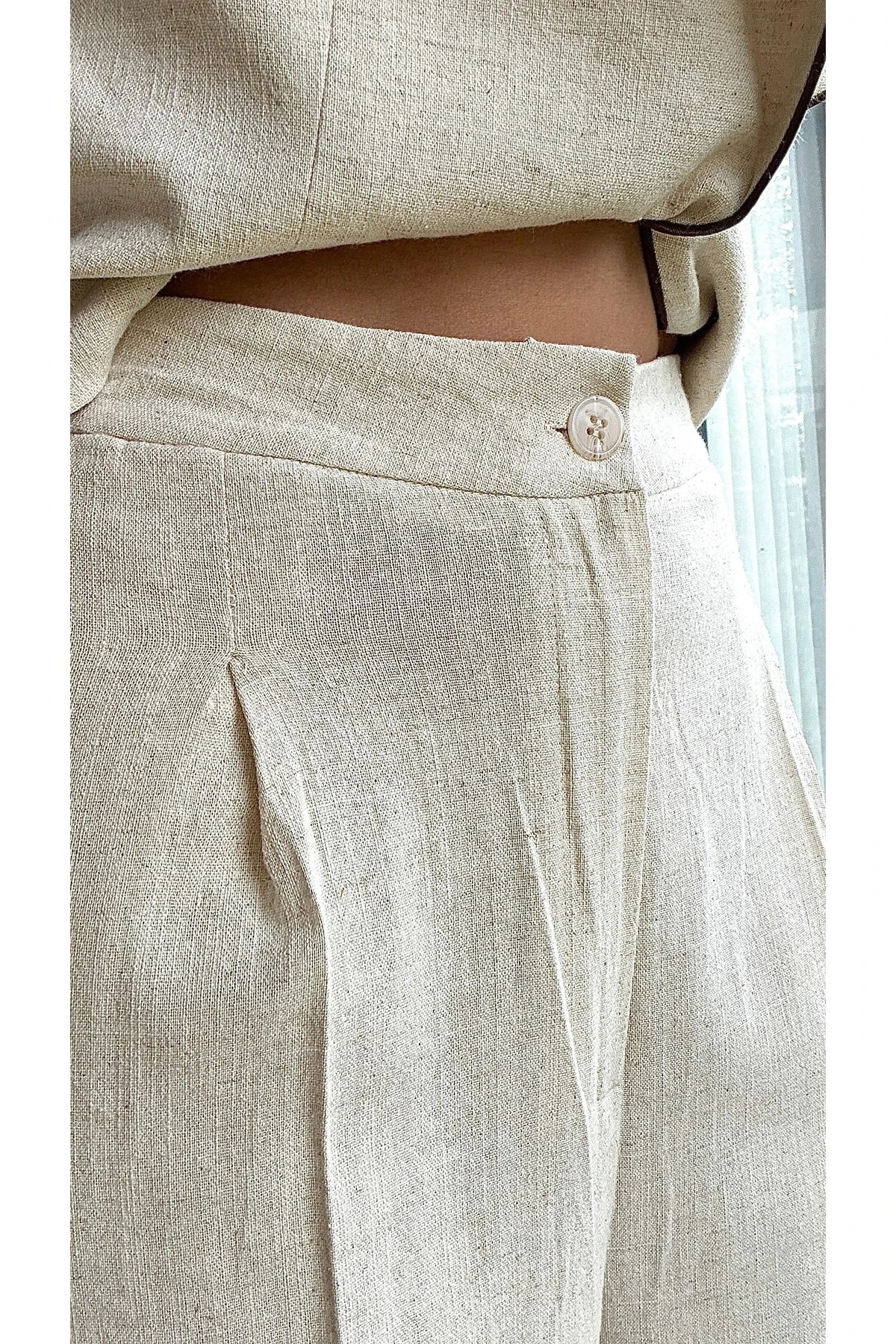 Biyeli Keten Yelekli Takım - Ekru