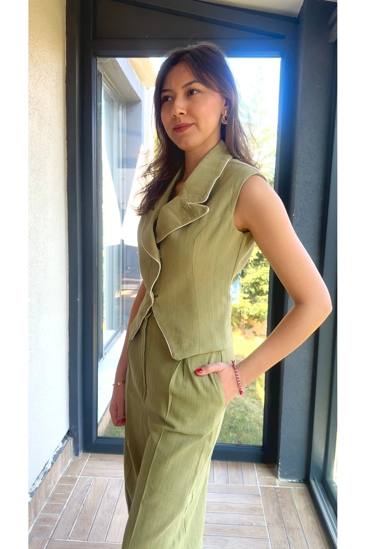 Biyeli Keten Yelekli Takım - Haki