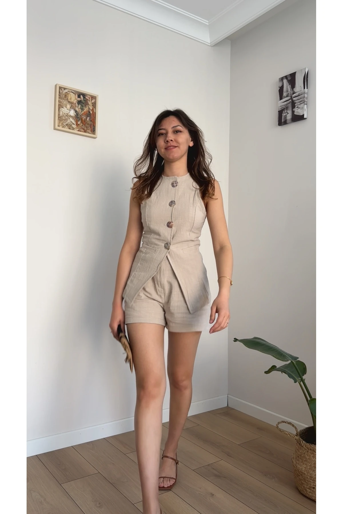 Keten Yelek & Şort Takım - Naturel Bej