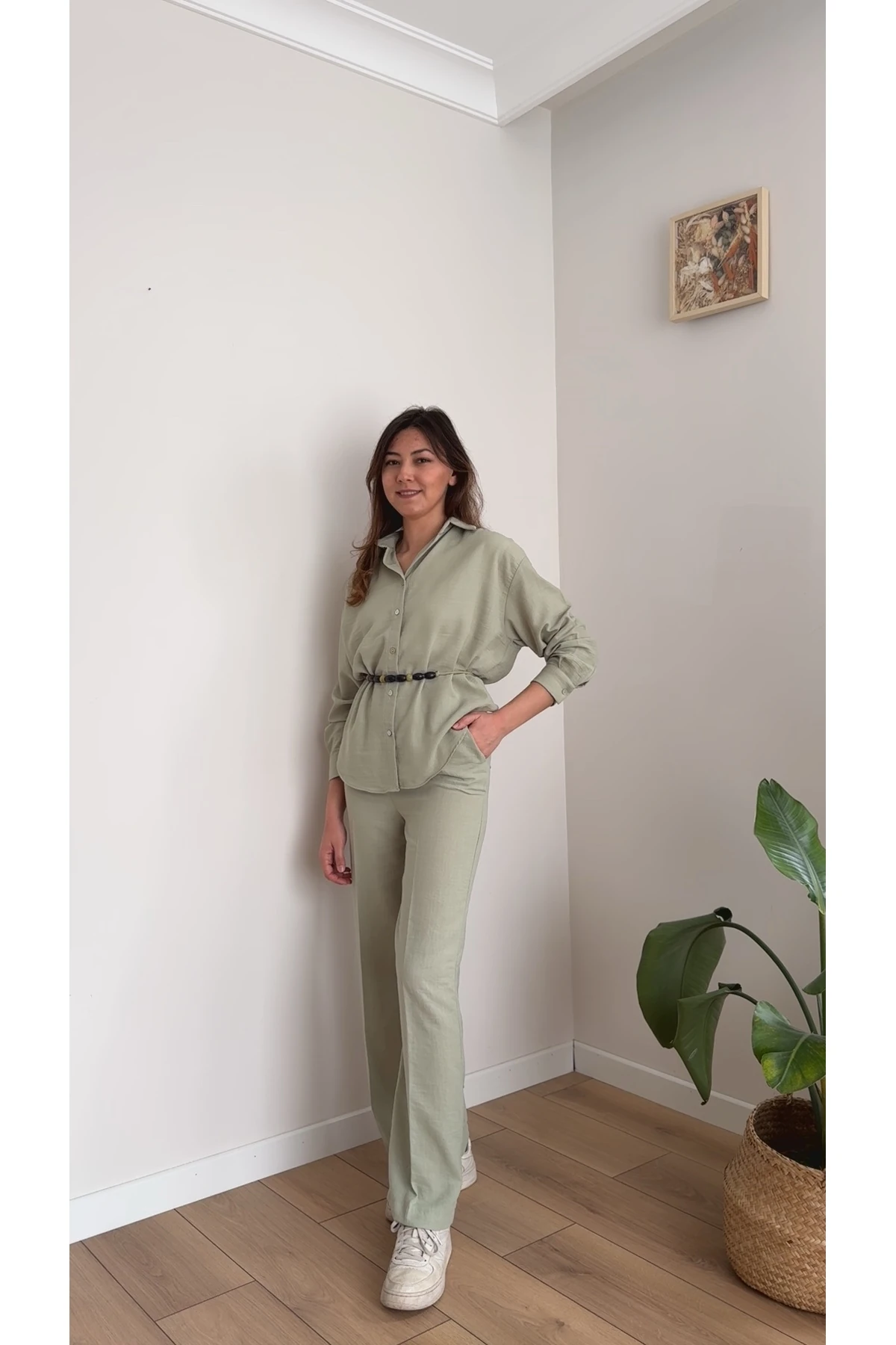 Keten Gömlek Pantolon Takım - Çağla Yeşili