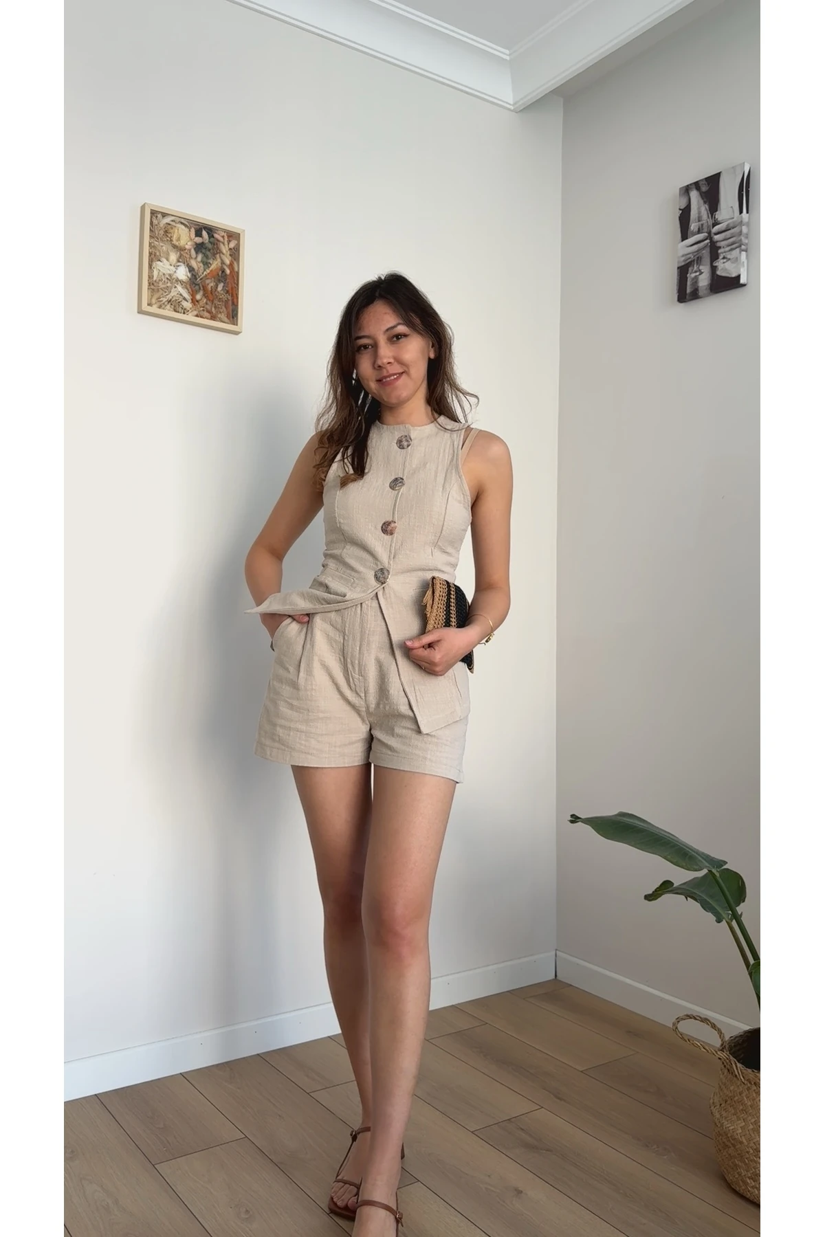Keten Yelek & Şort Takım - Naturel Bej