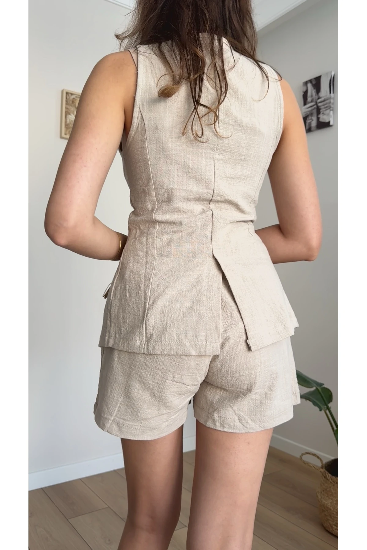 Keten Yelek & Şort Takım - Naturel Bej