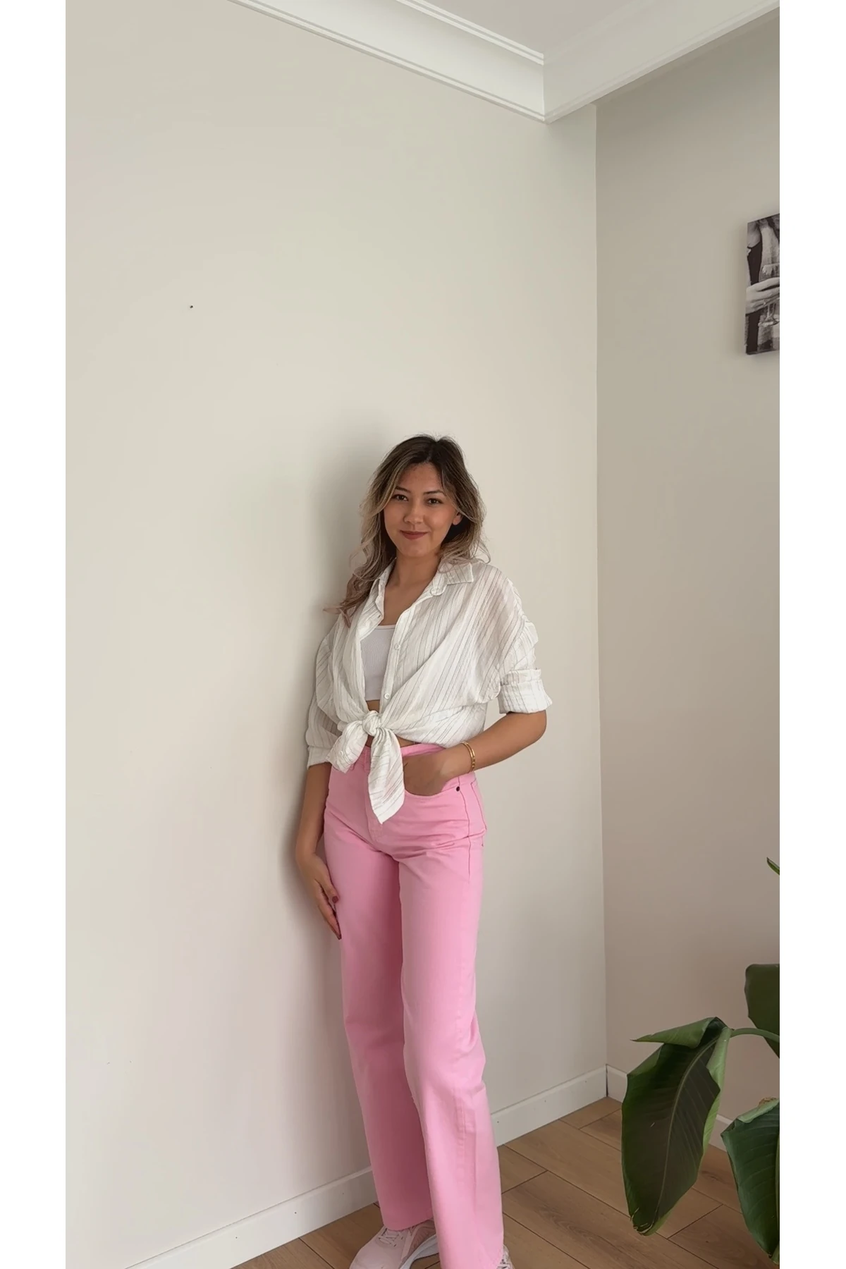 Yüksek Bel Düz Paça Jean Pantolon - Pembe