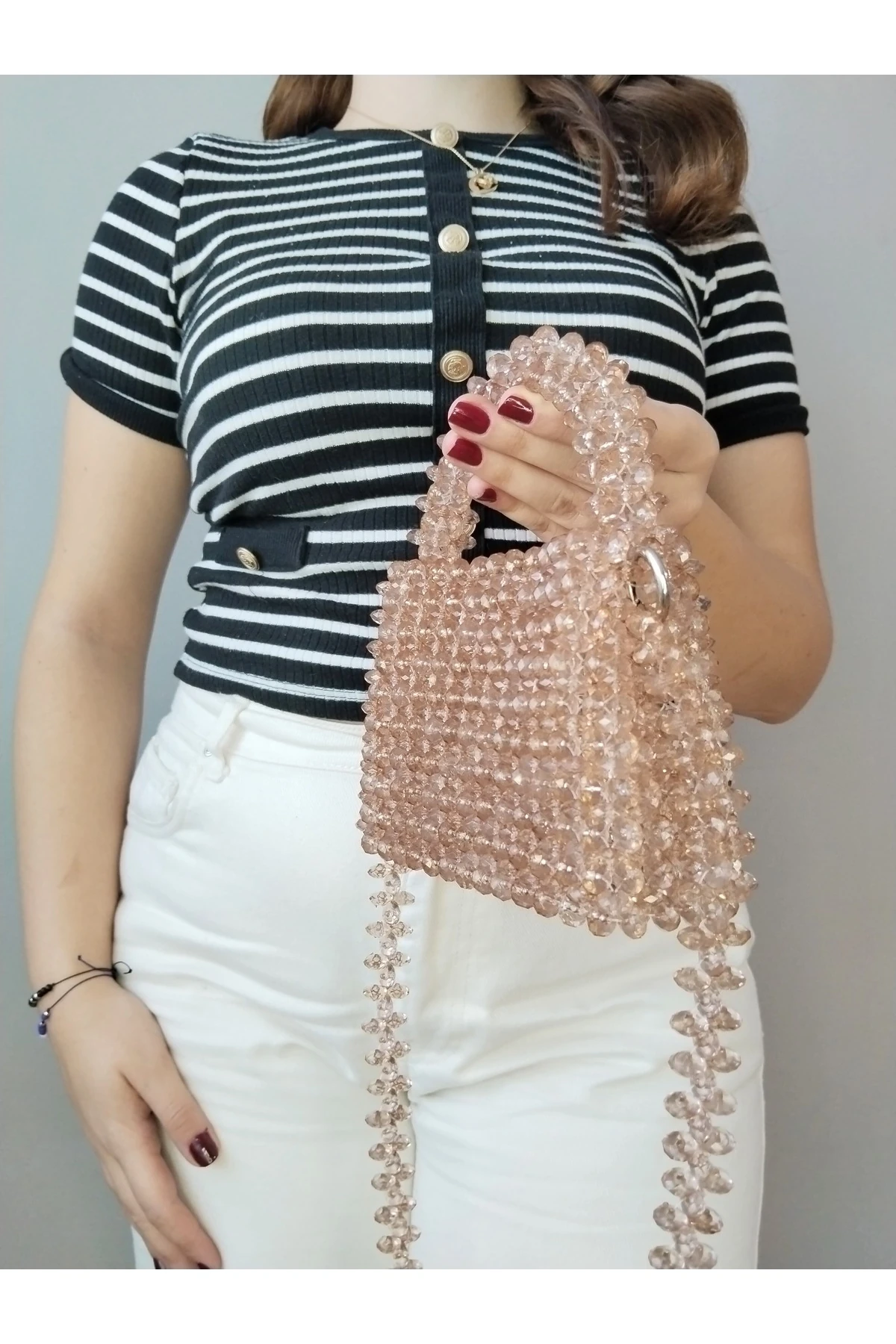 Şampanya Rengi Boncuk Omuz Çantası