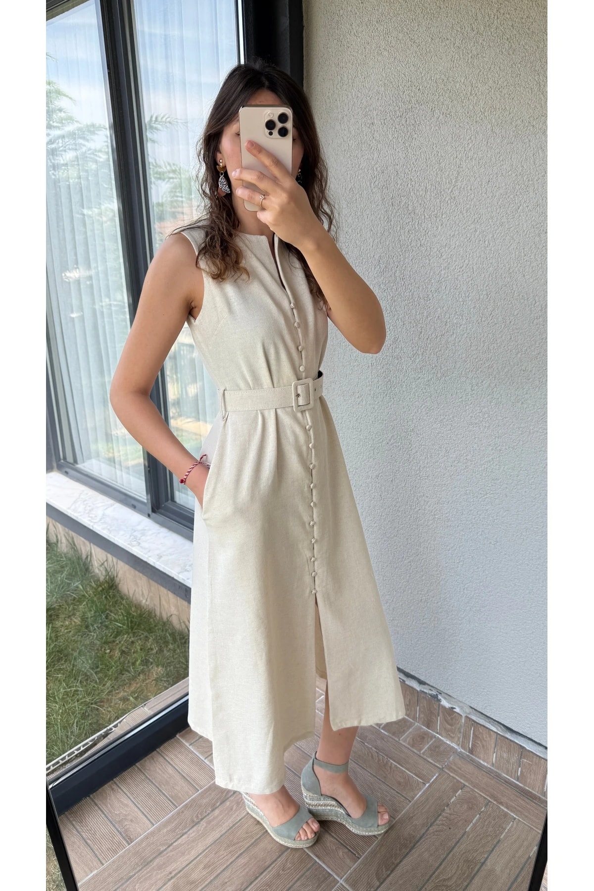 Düğmeli Keten Elbise