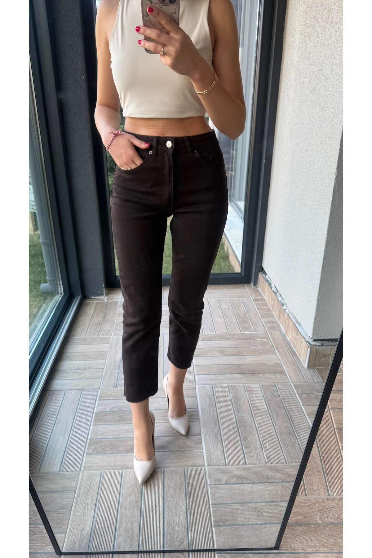 Yüksek Bel Kesik Paça Jean Pantolon - Acı Kahve