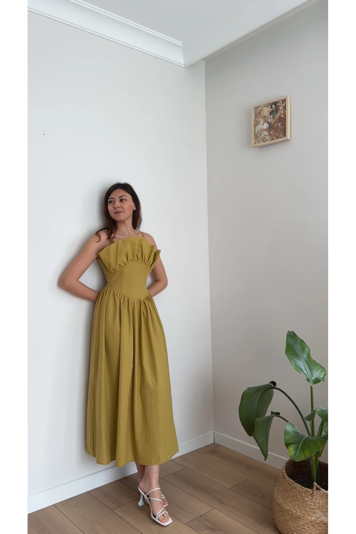 Prenses Keten Elbise - Yağ Yeşili