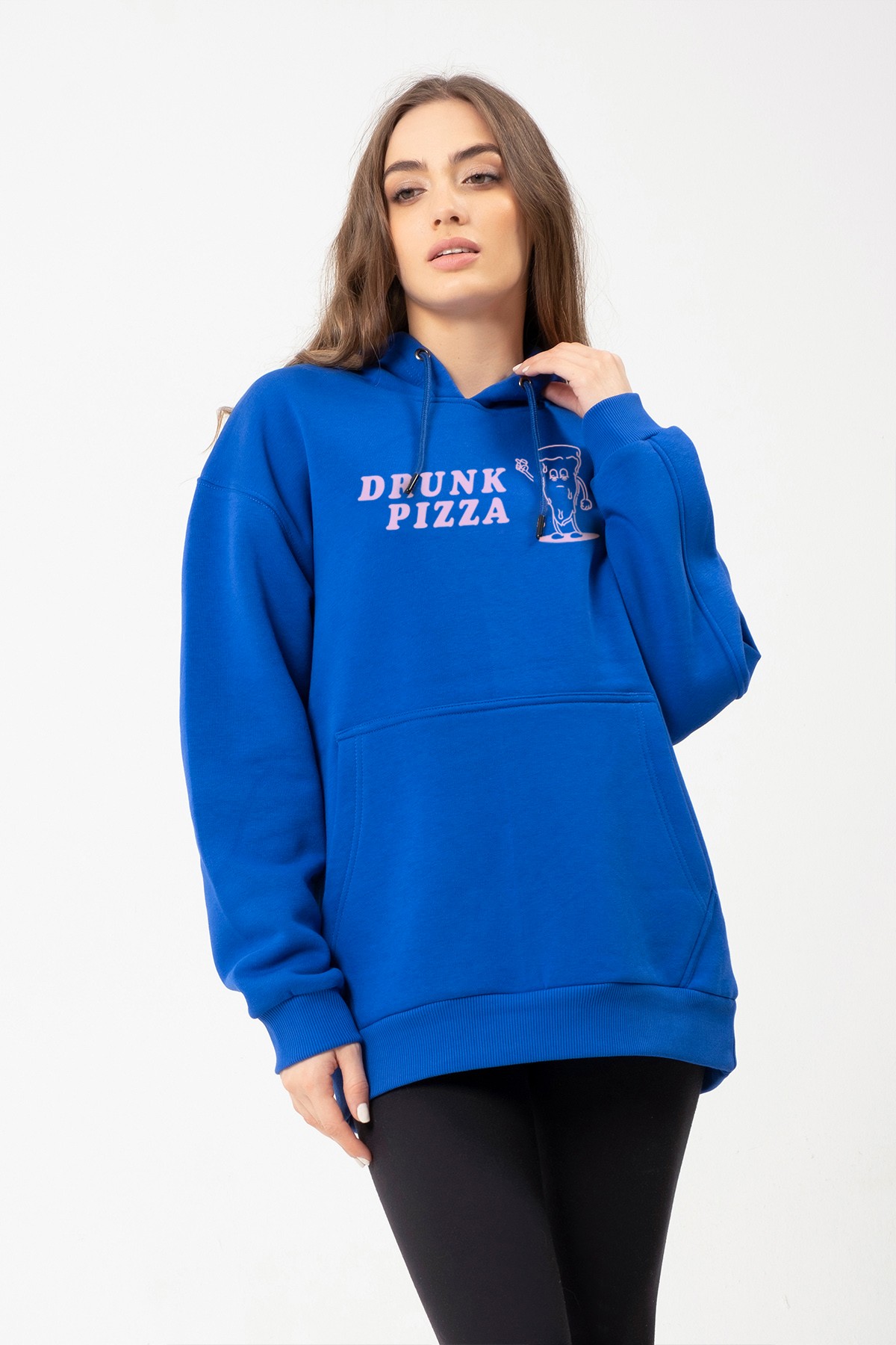 Drunk Pizza Kapüşonlu İçi Polarlı Cepli Unisex Hoodie - Saks Mavi