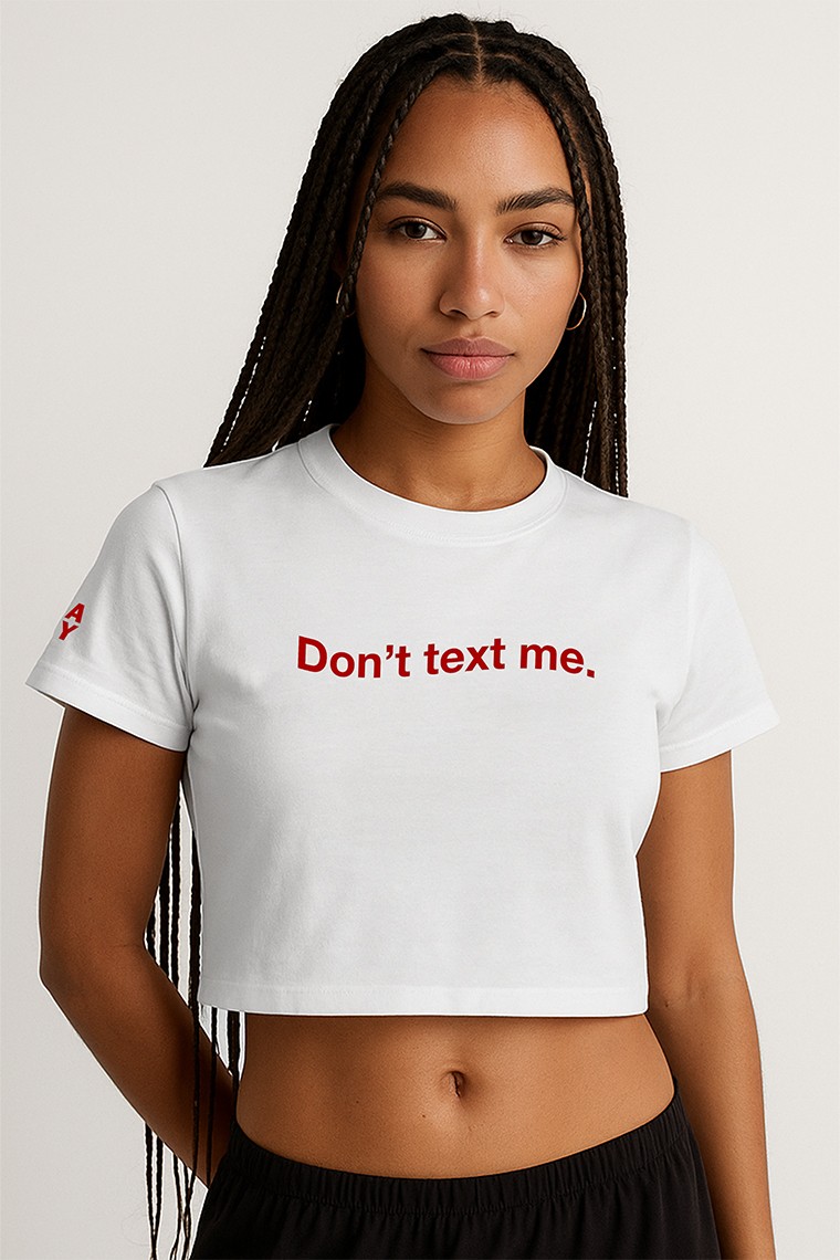 EAZY Text Me Beyaz Crop Top Bisiklet Yaka Kısa Kollu T-Shirt