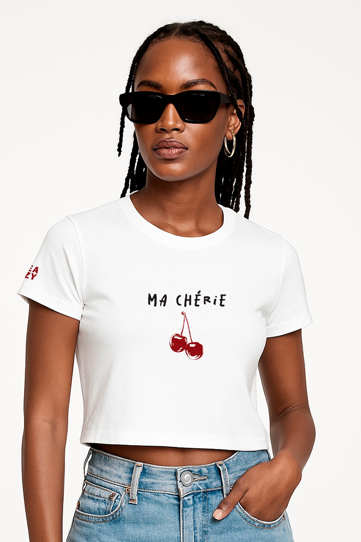 EAZY Ma Cherie Beyaz Crop Top Bisiklet Yaka Kısa Kollu T-Shirt