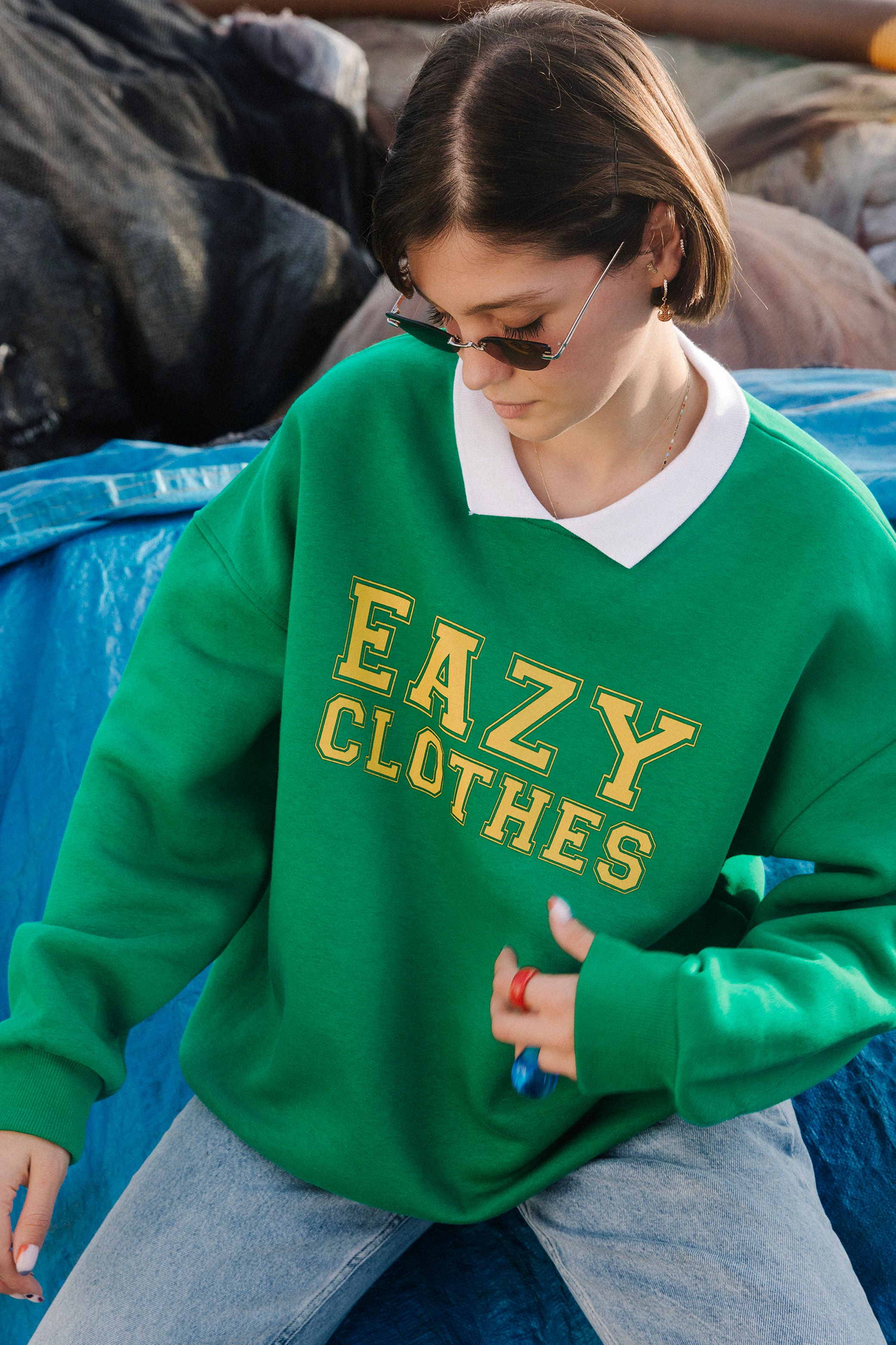 Eazy College Oversize Unisex Polo Yaka Sweatshirt - Yeşil