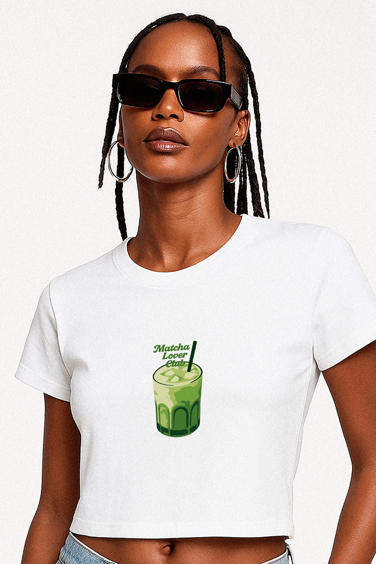 EAZY Matcha Lover Club Beyaz Crop Top Bisiklet Yaka Kısa Kollu T-Shirt