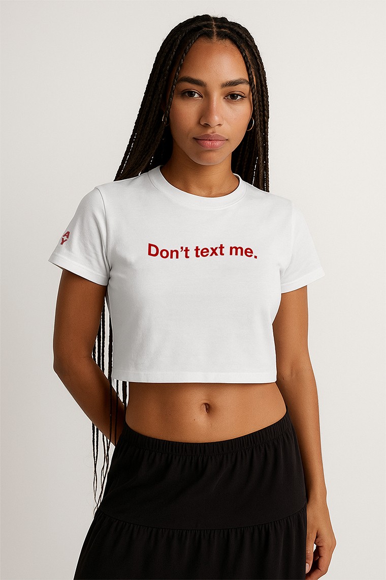 EAZY Text Me Beyaz Crop Top Bisiklet Yaka Kısa Kollu T-Shirt