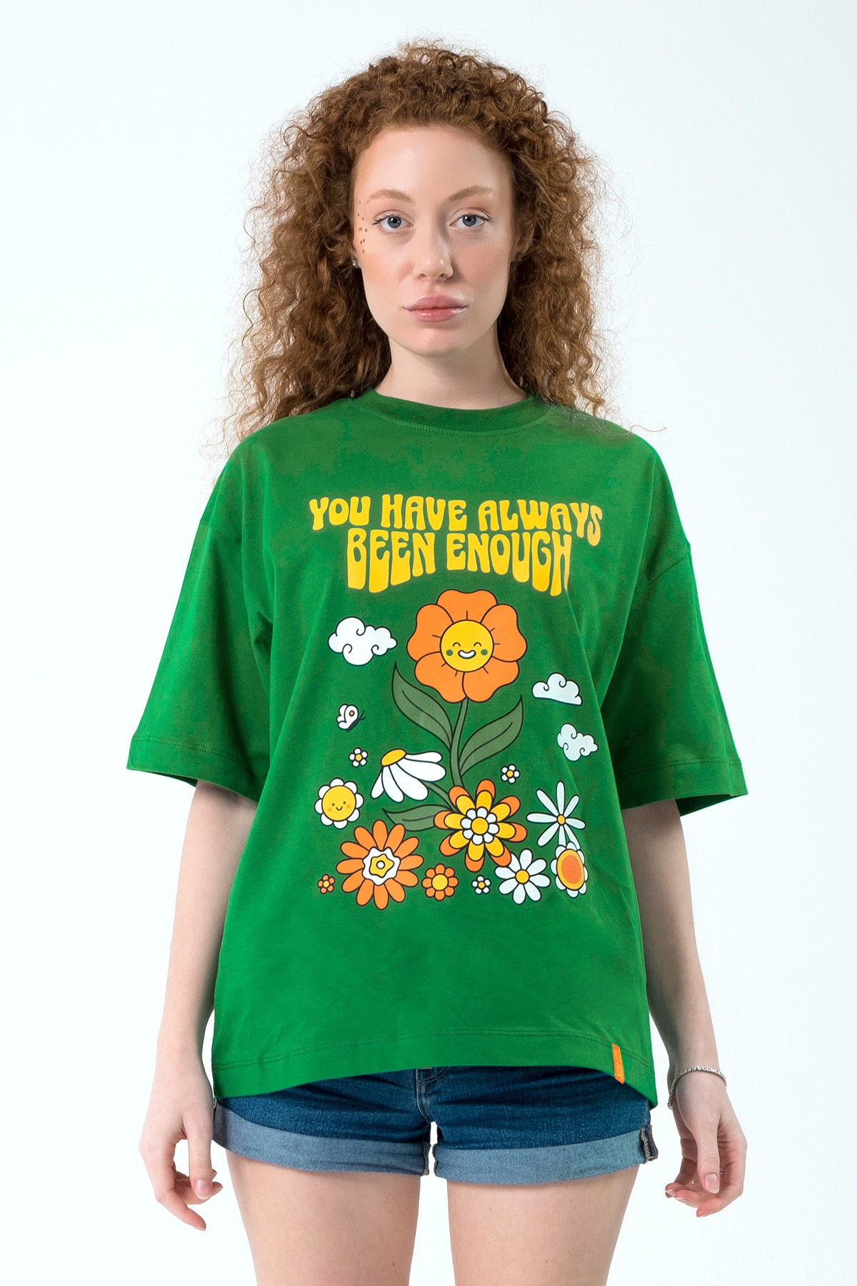 Eazy Happy Flowers Unisex Extra Oversize Baskılı Kısa Kollu T-Shirt - Yeşil
