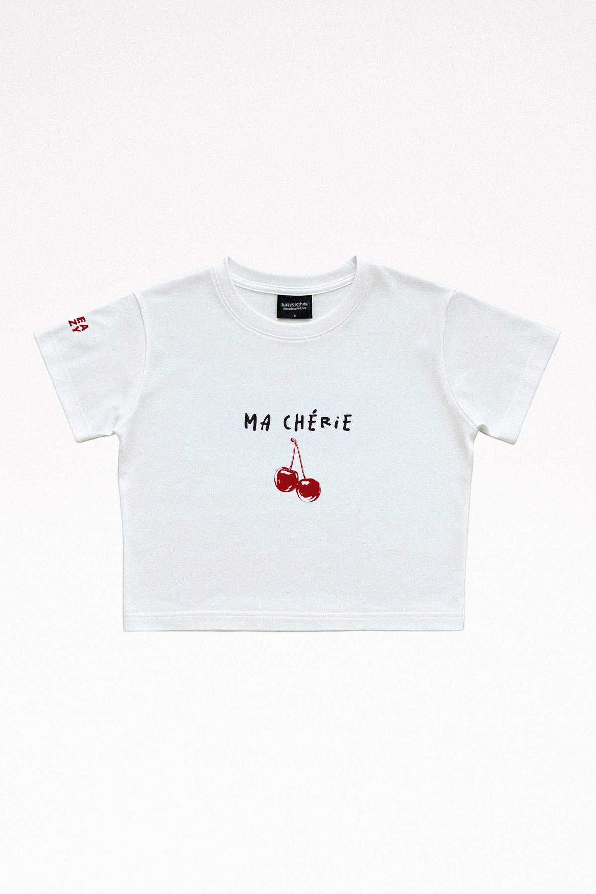 EAZY Ma Cherie Beyaz Crop Top Bisiklet Yaka Kısa Kollu T-Shirt