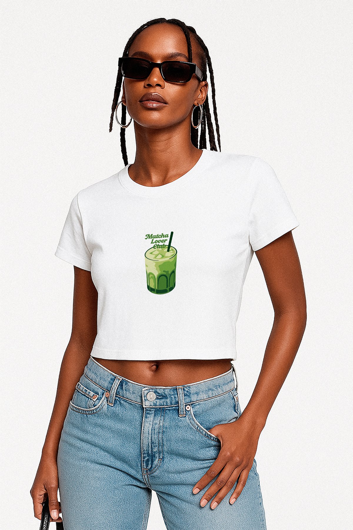 EAZY Matcha Lover Club Beyaz Crop Top Bisiklet Yaka Kısa Kollu T-Shirt