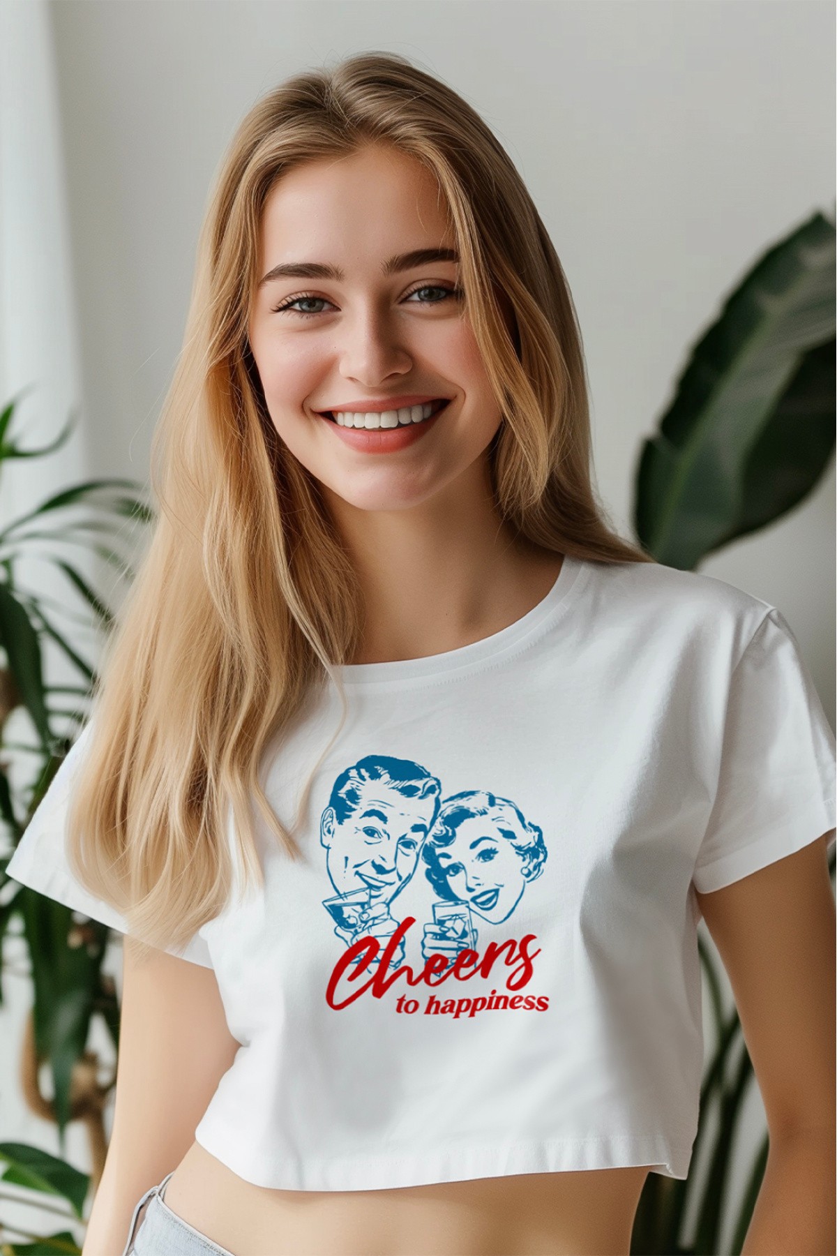 Cheers Beyaz Crop Top Bisiklet Yaka Kısa Kollu T-Shirt