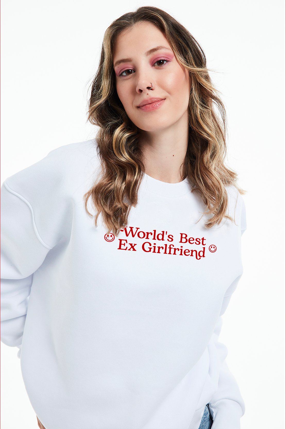 Eazy Ex Girlfriend Oversize Unisex Bisiklet Yaka Kalın Sweatshirt - Beyaz