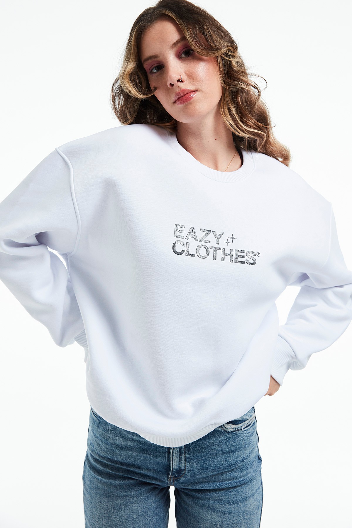 Eazy Clothes Silikon Baskı Oversize Unisex Bisiklet Yaka Kalın Sweatshirt