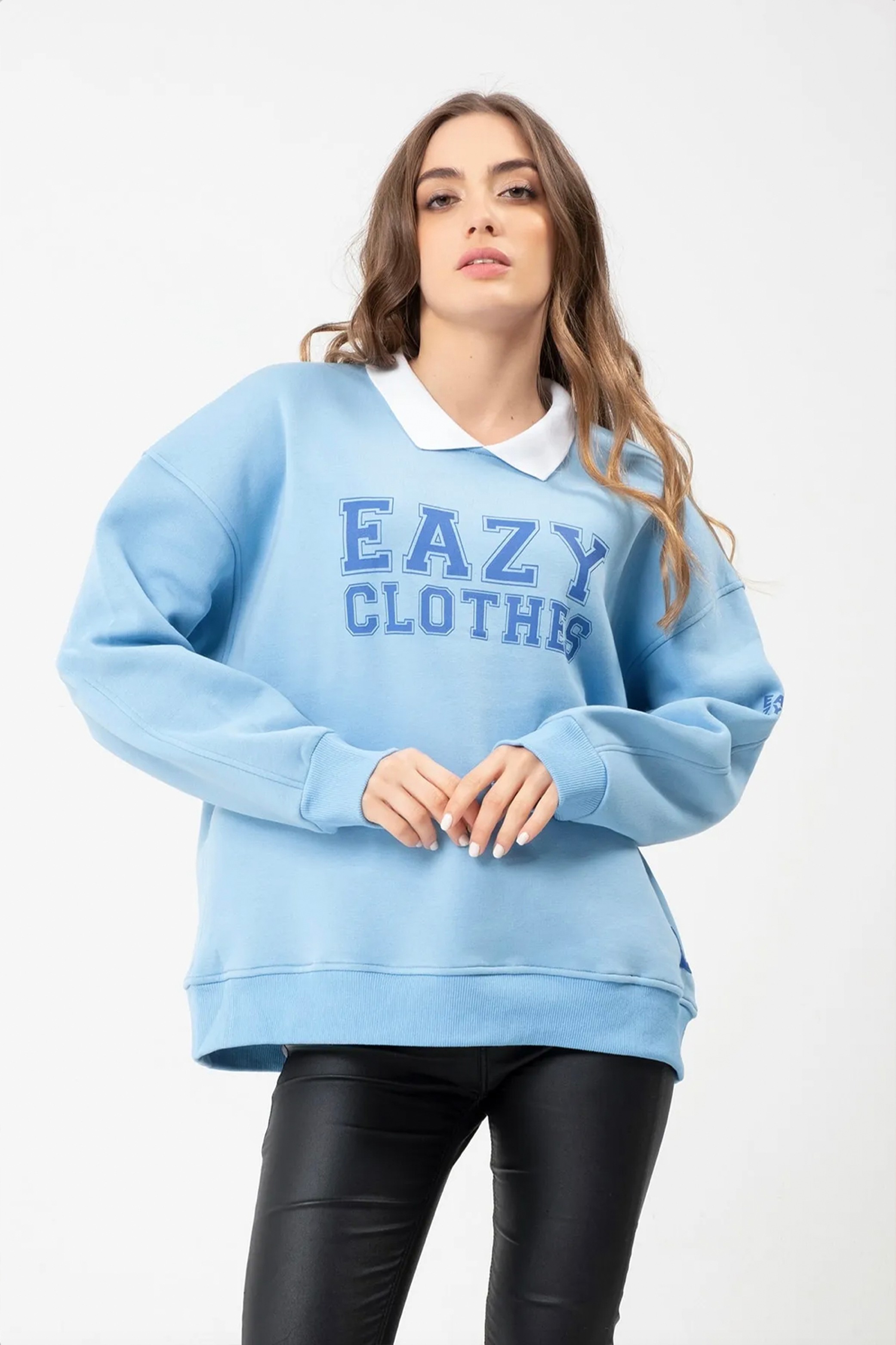 Eazy College Oversize Unisex Polo Yaka Sweatshirt - Bebek Mavi