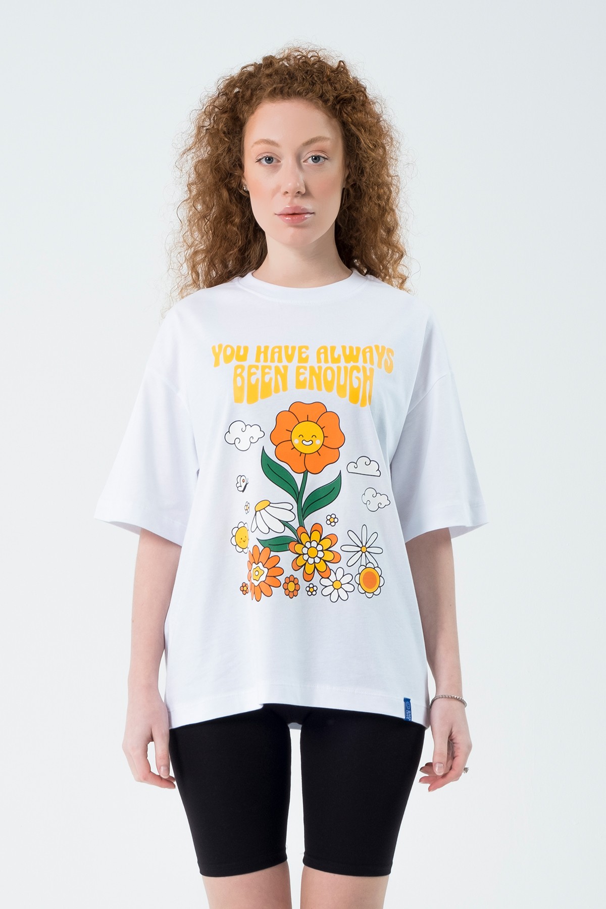 Eazy Happy Flowers Unisex Extra Oversize Baskılı Kısa Kollu T-Shirt - Beyaz