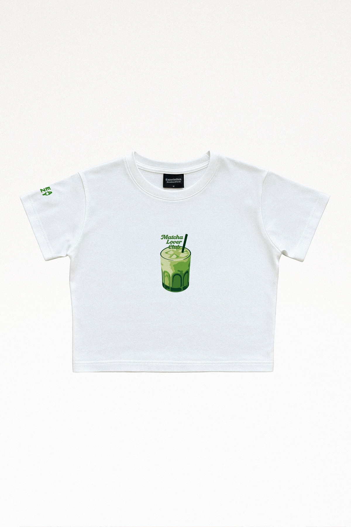 EAZY Matcha Lover Club Beyaz Crop Top Bisiklet Yaka Kısa Kollu T-Shirt