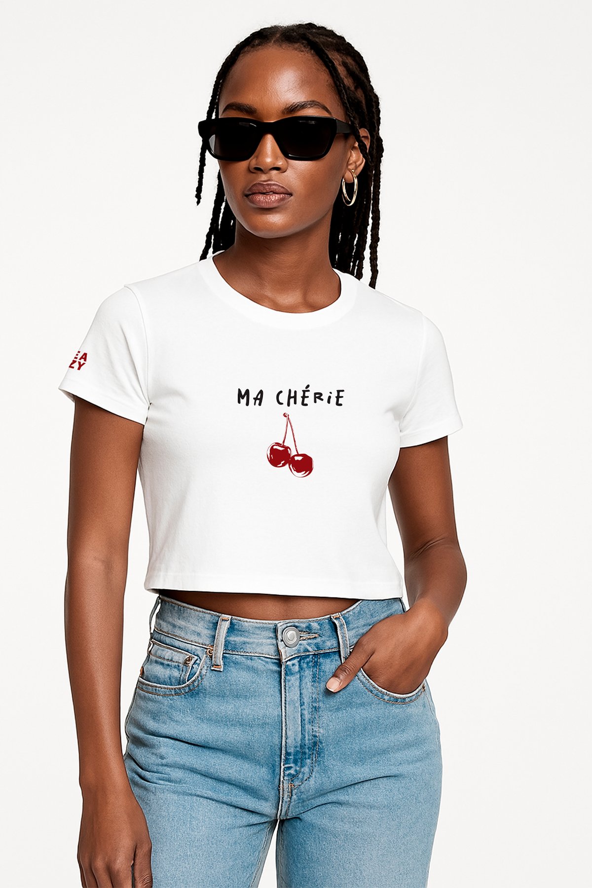 EAZY Ma Cherie Beyaz Crop Top Bisiklet Yaka Kısa Kollu T-Shirt