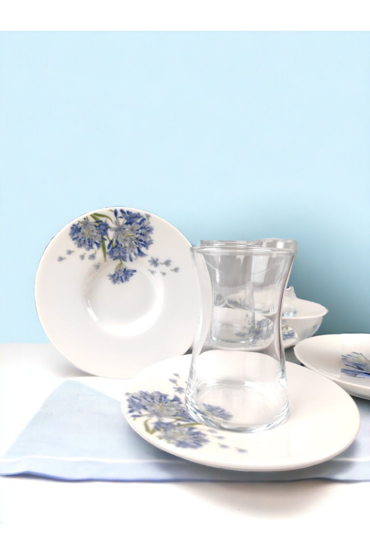 12 parça porselen tabaklı cam çay seti - hindiba
