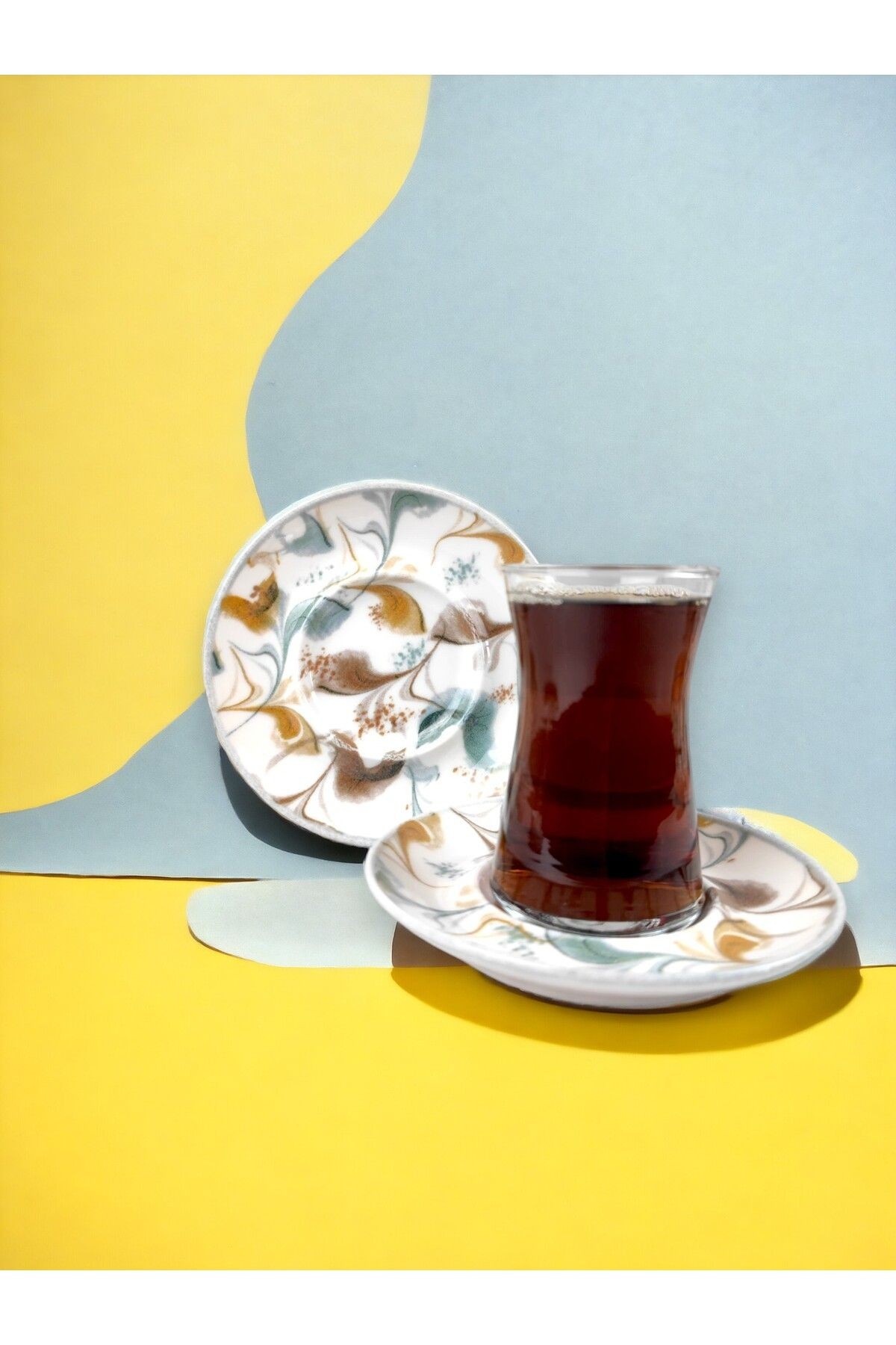 12 parça porselen tabaklı cam çay seti - tüy