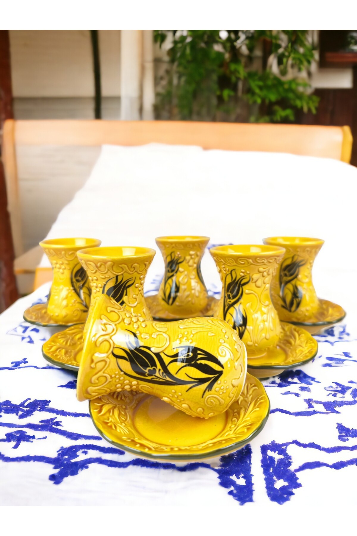 el yapımı çini ince bel çay takımı çay seti otantik desen 12 parça - sarı