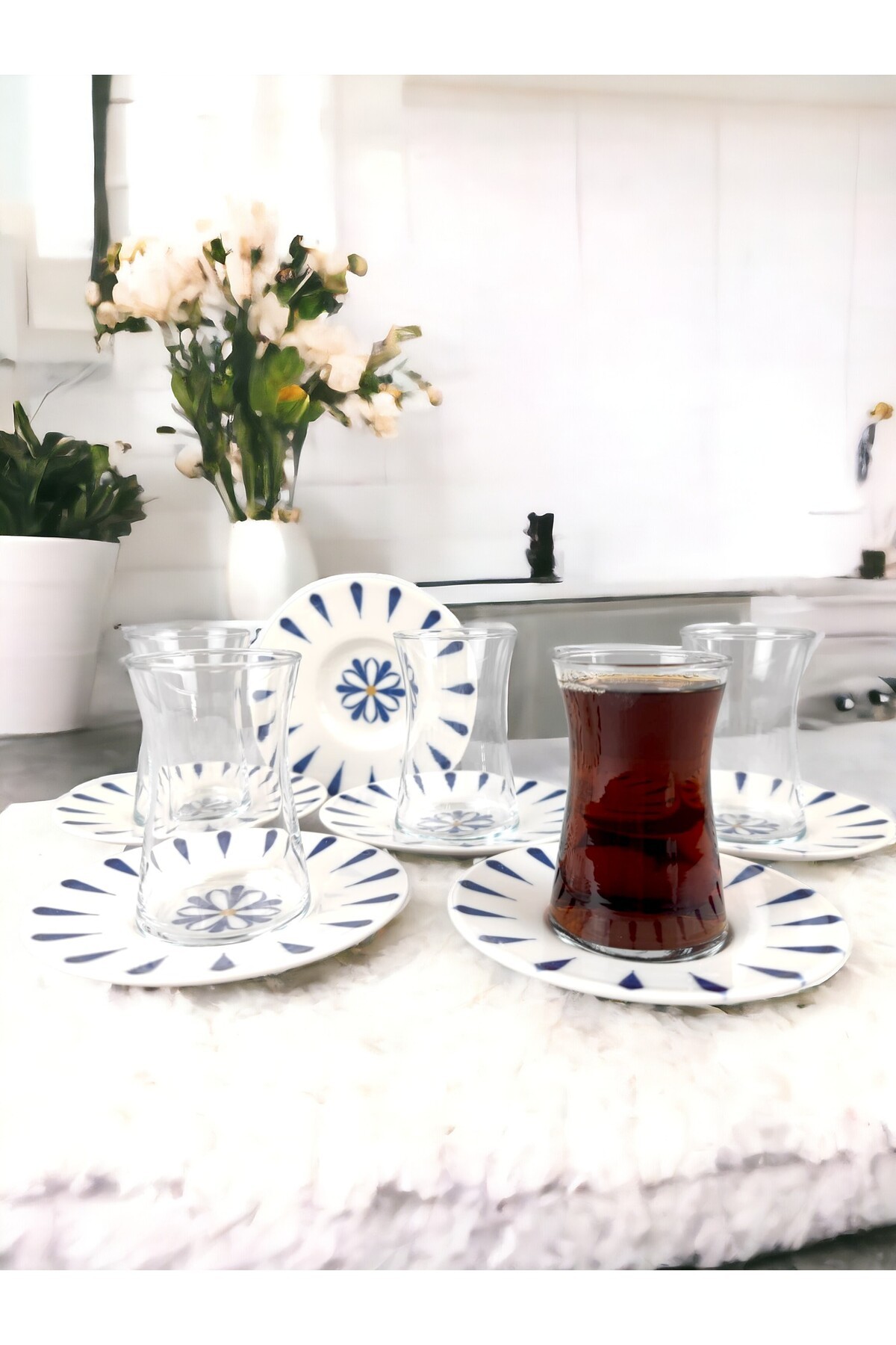12 parça porselen tabaklı cam çay seti - papatya