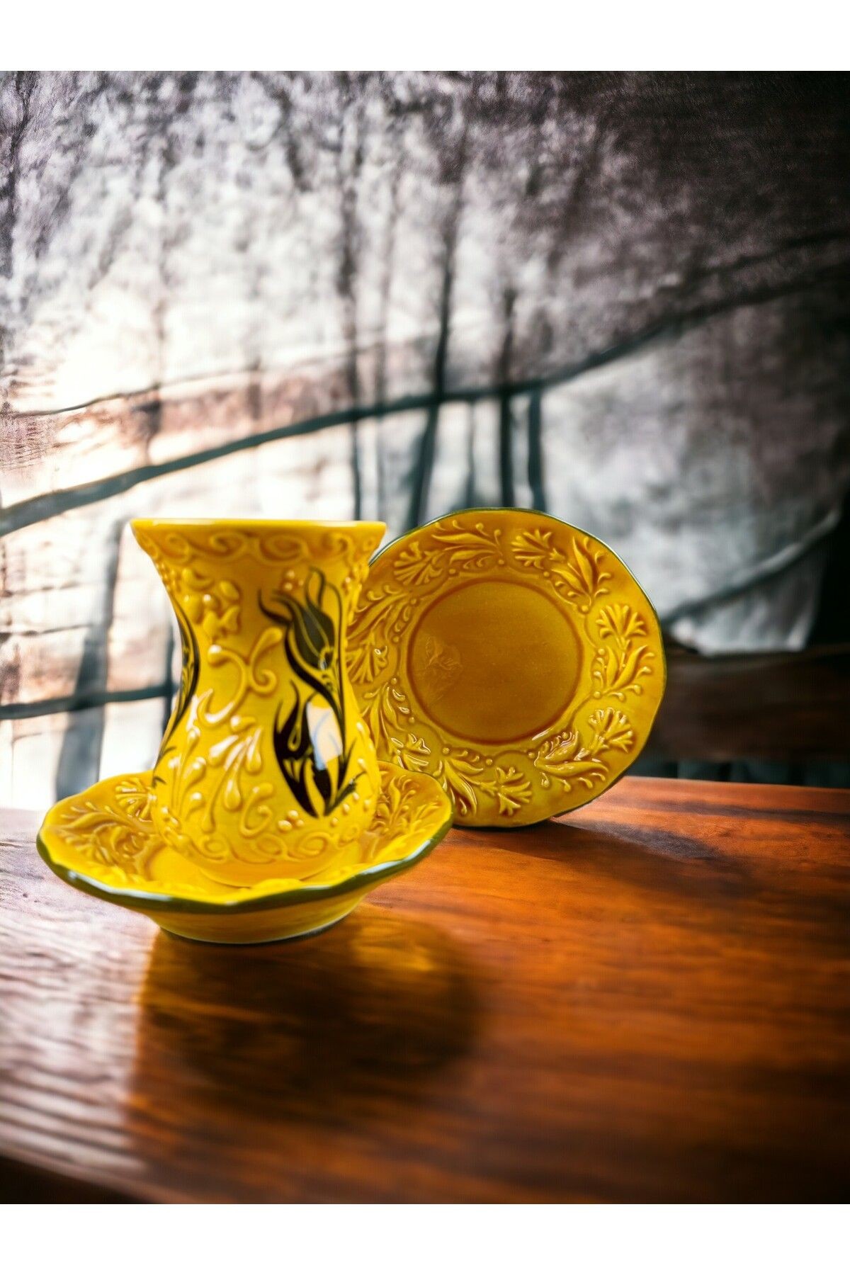 Çay Seti Çini Otantik desen İnce bel - sarı
