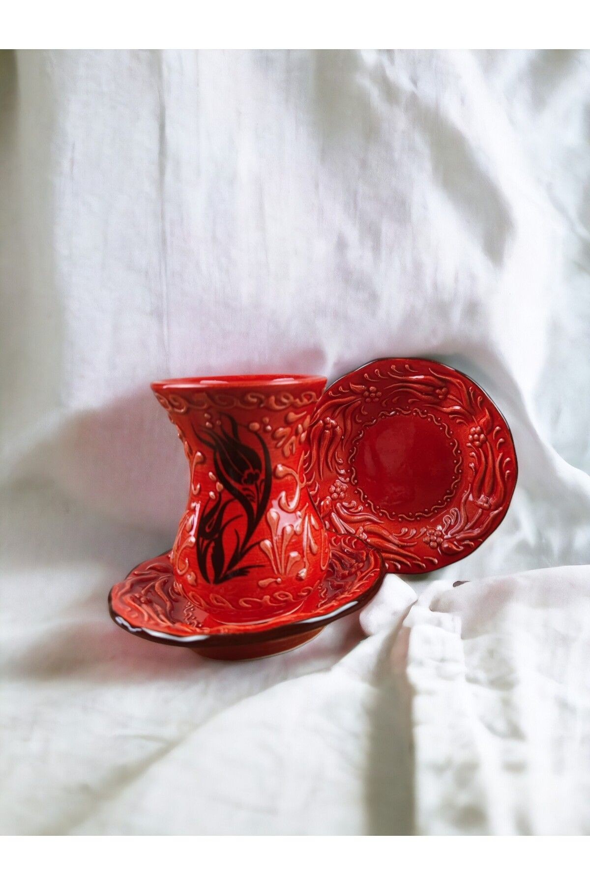 Çay Seti Çini Otantik desen İnce bel - kırmızı
