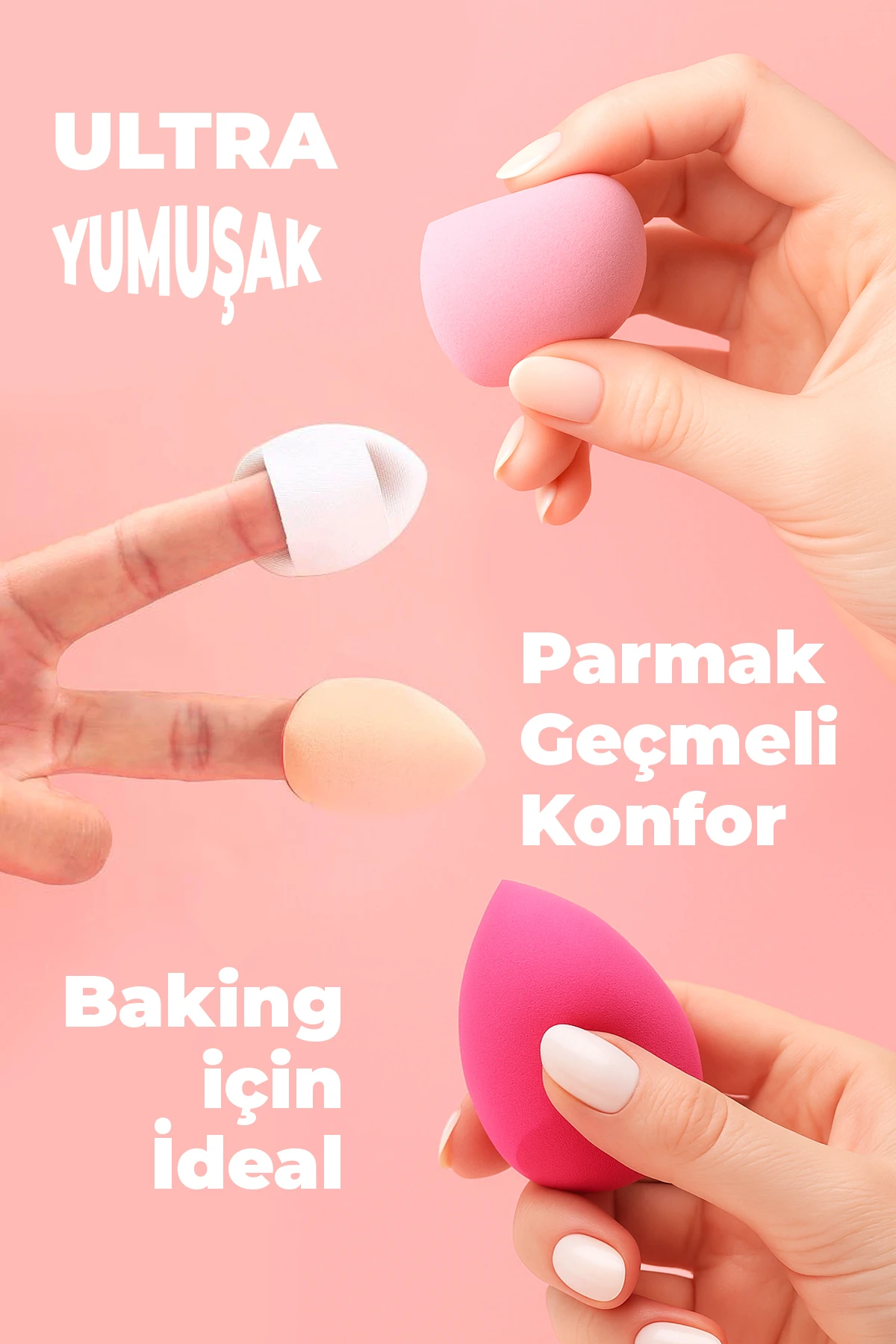 8’li Makyaj Süngeri Seti – Damla & Kesik Damla + Parmak Bantlı Pudra Pufu, Kavanoz, Toka Hediyeli