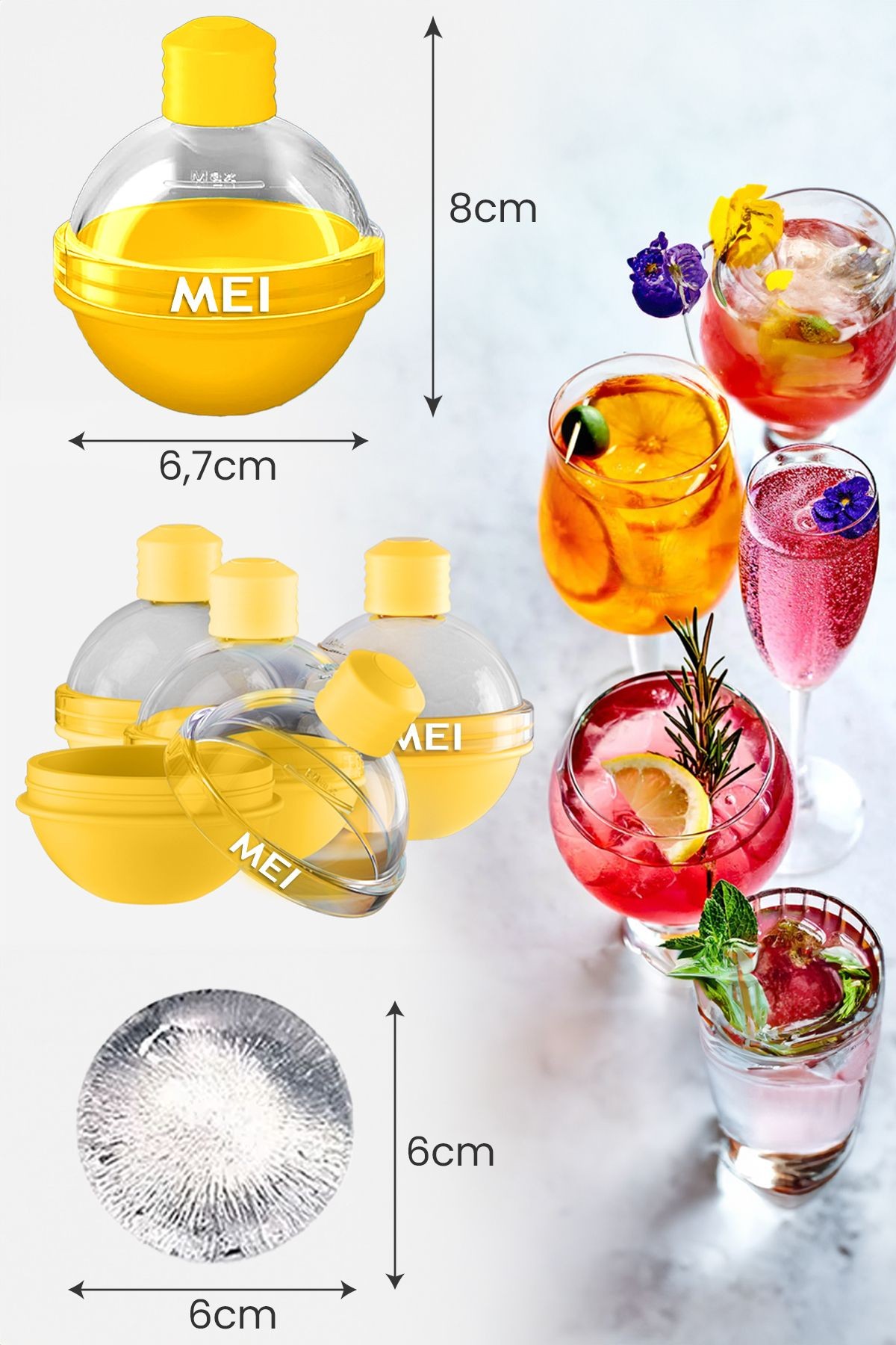 Silikon Küre Buz Topu Kalıbı - Büyük Yuvarlak Buz Topları için Dondurucu ve Sunum Kabı, 6x6 Toplar
