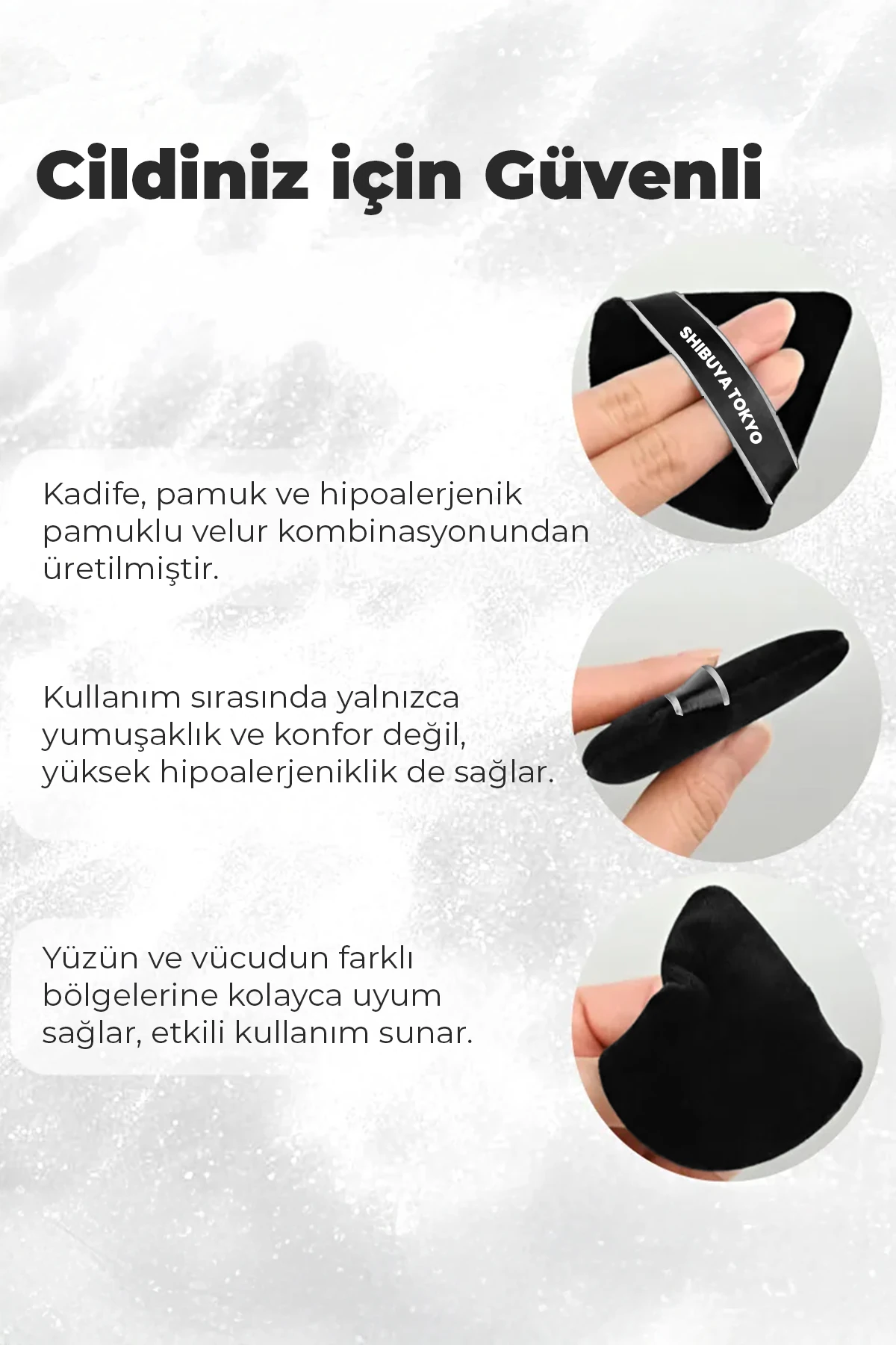 Üçgen Pudra Pufu ve Makyaj Süngeri 3’lü Set Kumaş Kese Siyah