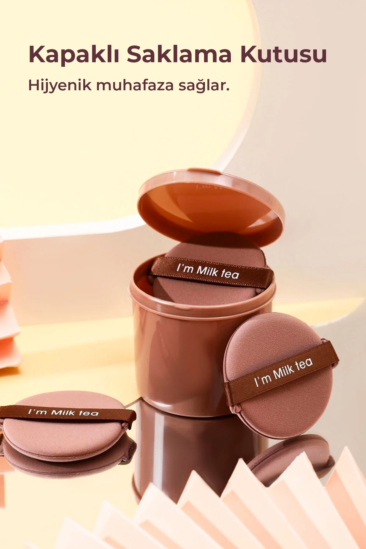 7’li Yuvarlak Pudra Pufu Makyaj Süngeri Seti Islak/Kuru Parmak Bantlı Kutulu – Milk Tea Kahve